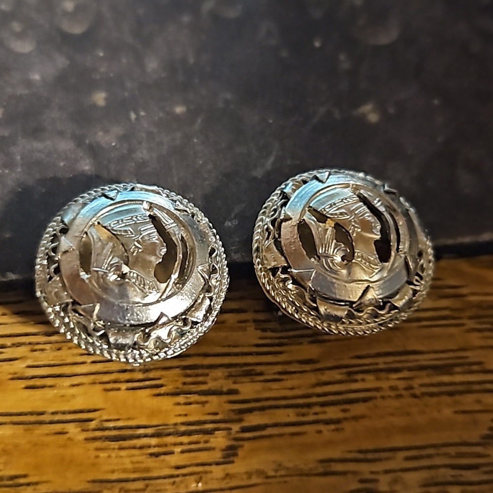 Vintage Silvertone Egyptian Revival Pharoah Clip Earrings